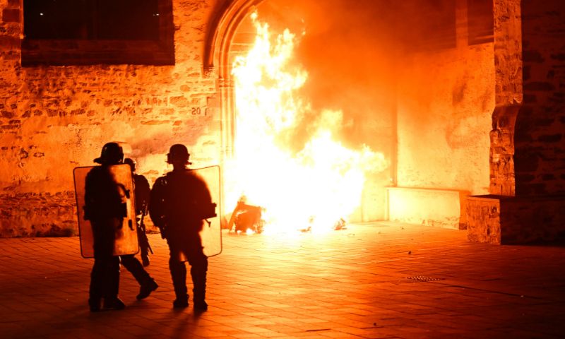 Protestors, Police station in France,