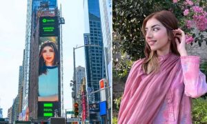 Pakistan, Annural Khalid, Stands, Tall, Digital, Billboard, New York, Times Square, Spotify