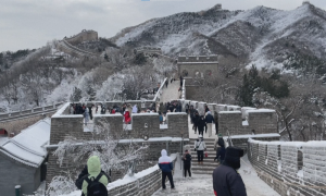 Tourists Visits Snow-covered Great Wall of China