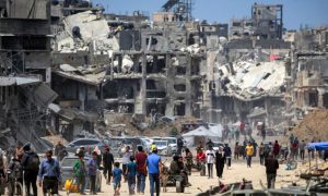 Palestinians Flee Israeli Bombardment in Gaza on 1948 Nakba Anniversary